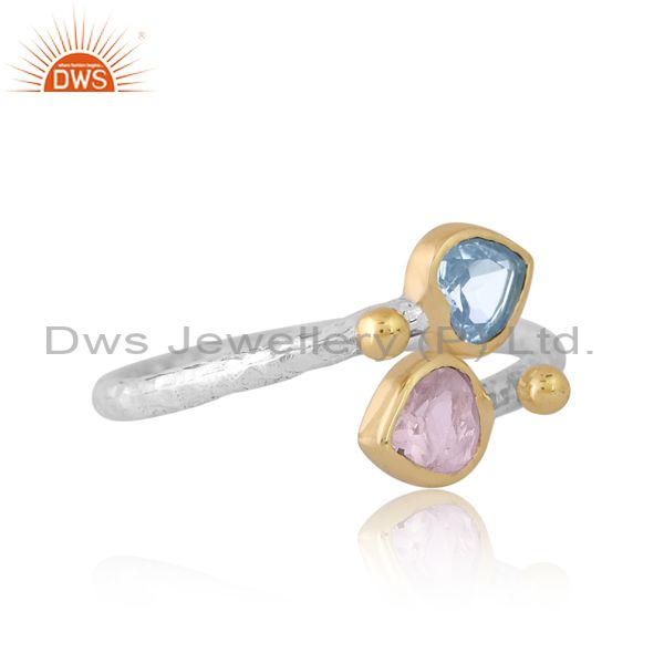 Silver Gold Ring With Blue Topaz And Rose Quartz