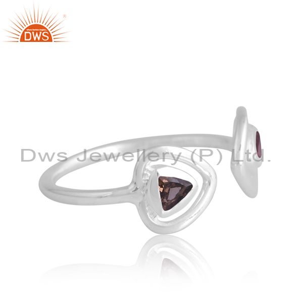 Silver White Ring With Garnet And Smokey Trillion Cut