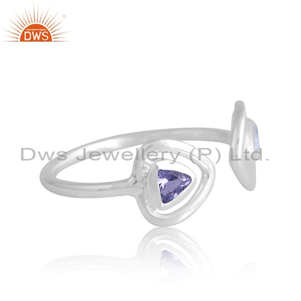 Adjustable Silver White Ring With Iolite And Blue Topaz