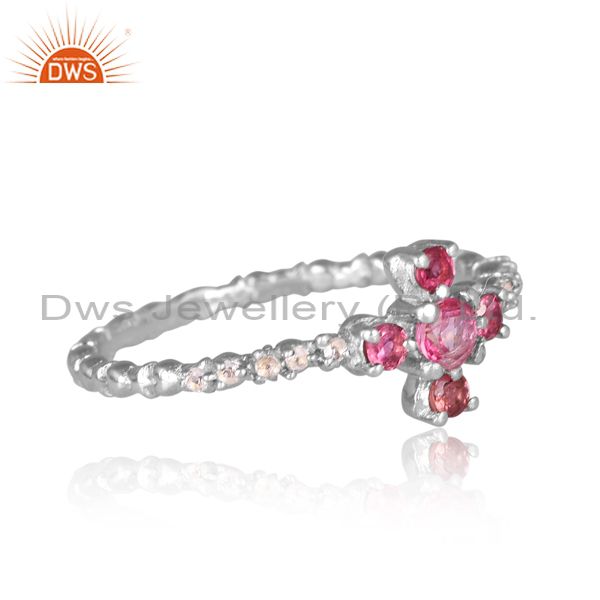 Silver Gold Ring With Pink Topaz, Tourmaline & White Topaz