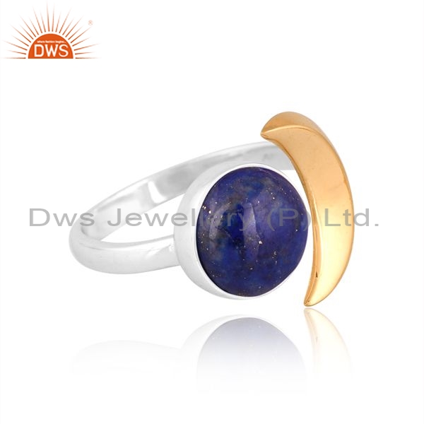 Sterling Silver Gold Ring With Lapis Cabushion Round Stone