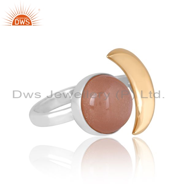 Silver Moon Ring With Peach Moonstone Newline