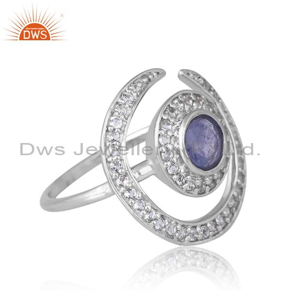 Silver Gold Circular Ring With White Topaz And Tanzanite