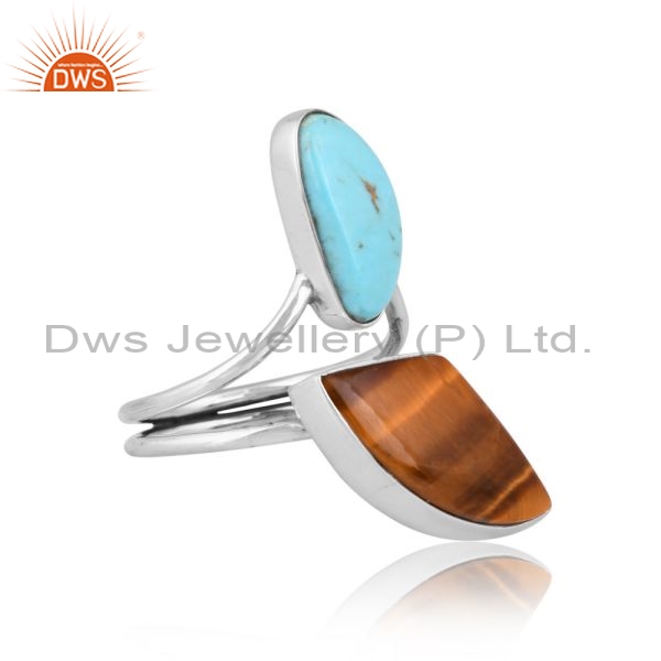 Silver Ring With Kingman Turquoise And Tiger Eye Stone