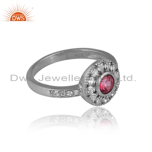 Sterling Silver Circular Ring With Pink And White Topaz