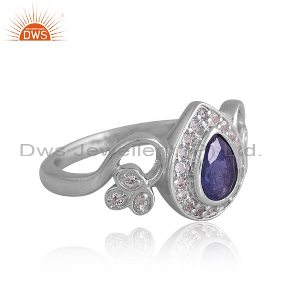 Silver White Ring With Tanzanite And White Topaz Pear
