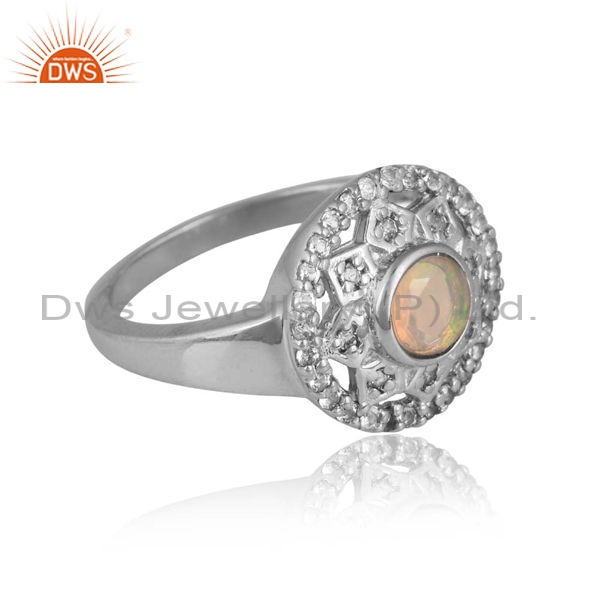 Silver Antique Ring With Round Ethiopian Opal And Topaz