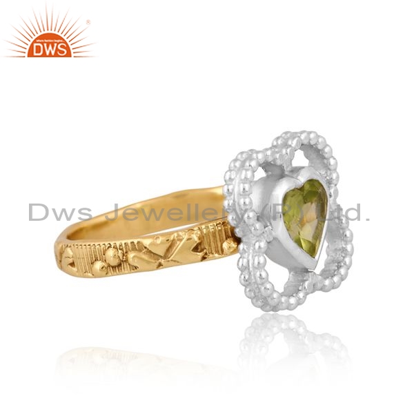 White And Gold Mix Floral Brass Ring With Peridot Heart Cut