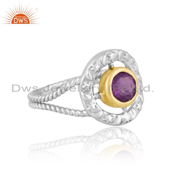 Sterling Silver White And Gold Ring With Amethyst Round Cut
