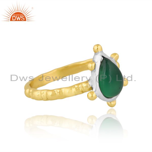 Brass Gold And White Ring With Green Onyx Pear Stone