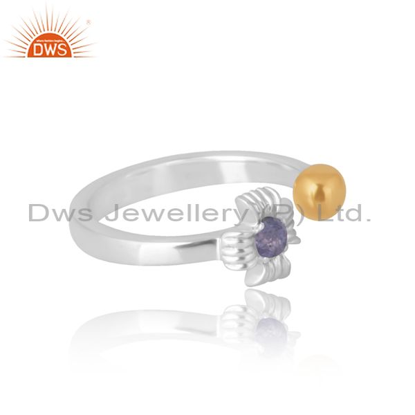 Adjustable Dot And Floral Tanzanite Round Cut Silver Ring