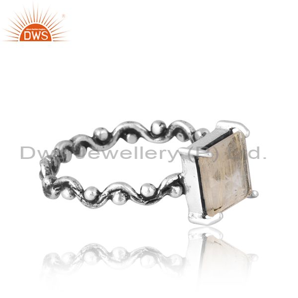 Beautiful Silver Oxidized Ring With Golden Rutile Cut Square