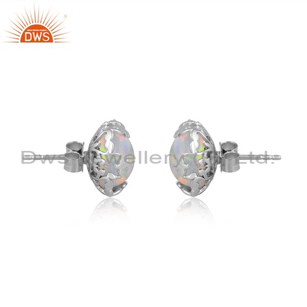 Palladium Plated Silver Earring With White Green Opal