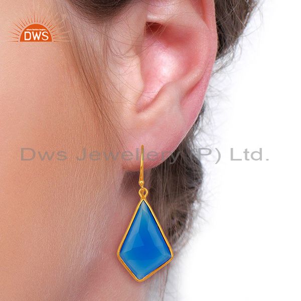 Exporter 18K Gold Plated Sterling Silver Dyed Blue Chalcedony Bezel Set Dangle Earrings