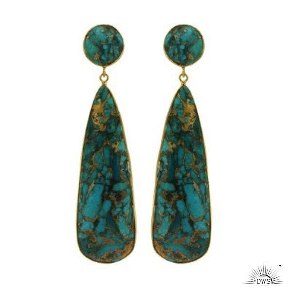 Exporter 18K Yellow Gold Plated Sterling Silver Turquoise Bezel Set Dangle Earrings