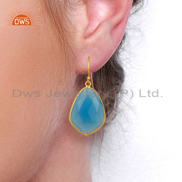 Exporter Blue Chalcedony Gemstone 925 Silver Gold Plated Earrings Jewelry
