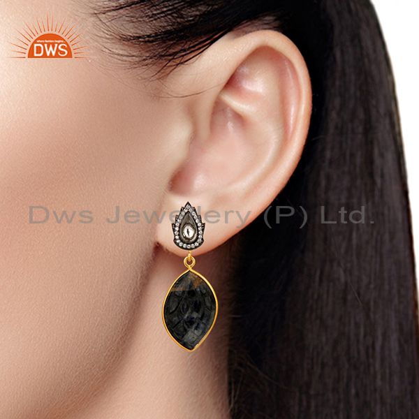 Exporter 18k Gold Plated Sterling Silver Blue Sapphire Carving Drop Earrings With CZ