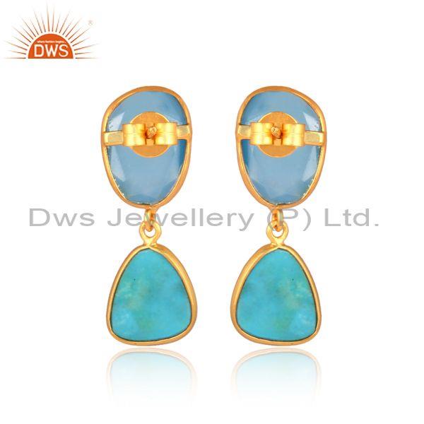 Blue Chalcedony And Turquoise Set Gold On Silver Earrings
