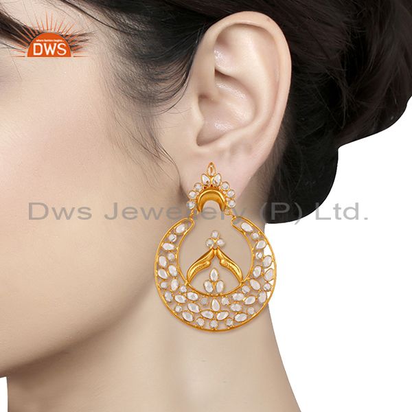 Exporter White Zircon and 18K Gold Plated Sterling Silver Dangler Earring Jewelry