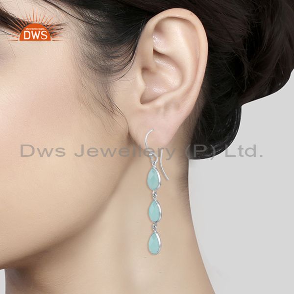 Aqua chalcedony gemstone designer sterling fine silver earrings