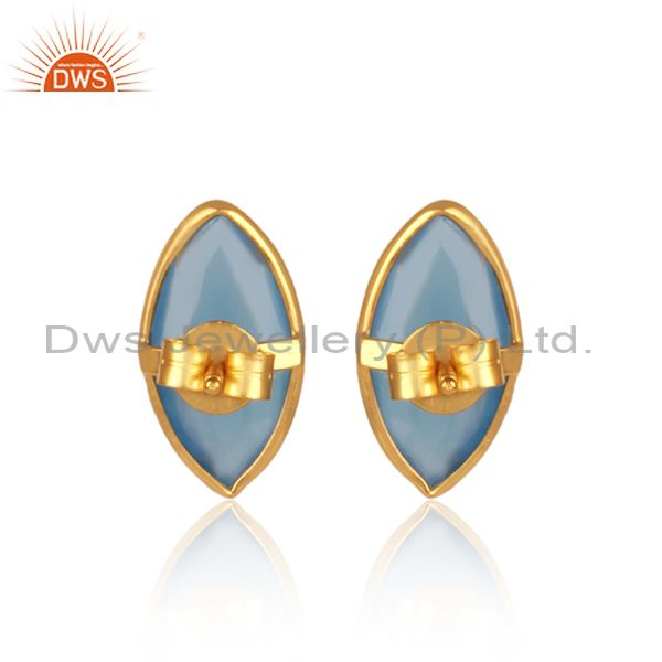 Marquise shape blue chalcedony gemstone gold over silver earrings