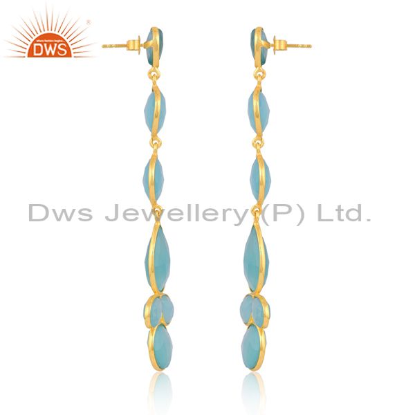 Sterling Silver Drop Earring In Gold With Blue Chalcedony