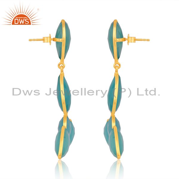 Silver Gold Earrings With Aqua Chalcedony Pear And Round Cut