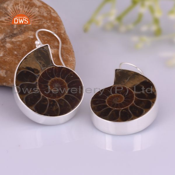 Exporter Handmade Solid Sterling Silver Ammonite Gemstone Bezel Set Drop Earrings