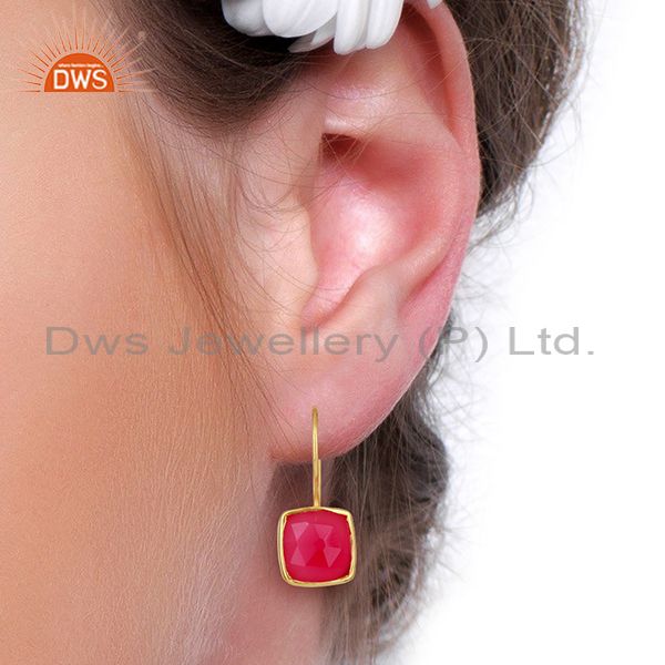 Designers Pink Chalcedony Gemstone Girls Gold Plated Silver Earrings Supplier