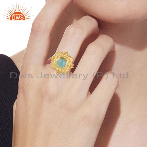 Handmade Gold On Silver Square Ring Set With Aqua Chalcedony