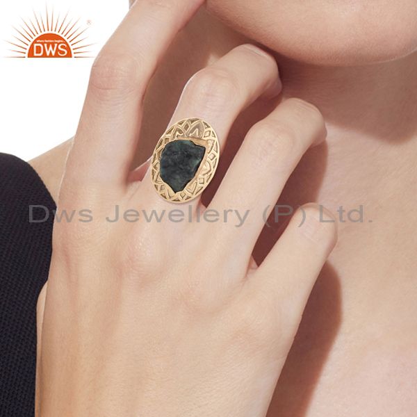 Handmade Textured Gold On Fashion Ring With Rough Emerald