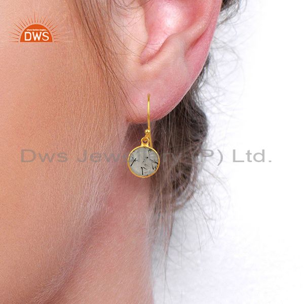Designers Black Rutile Gemstone Gold Plated Silver Earrings Jewelry Supplier