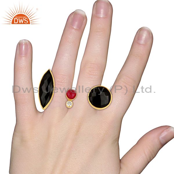 Designers 24K Yellow Gold Plated Brass Red Aventurine And Black Onyx Two Finger Ring