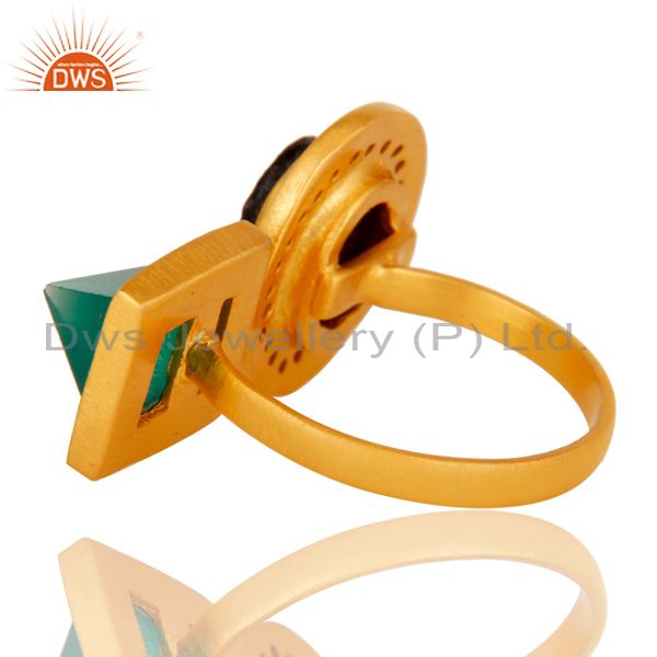 Wholesalers Green Onyx, White Zircon & Smokey Rough with 18k Gold Plated Brass Ring