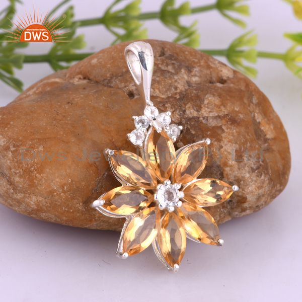 Exporter Natural Citrine 925 Sterling Silver Solitaire Pendant With White Topaz
