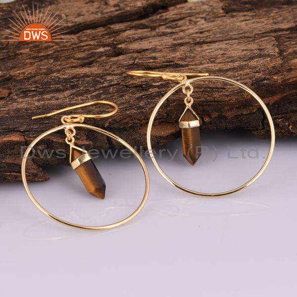 Wholesalers Tigereye Hoop Earring,Pencil Terminated Earring Gold Plated Silve Earring