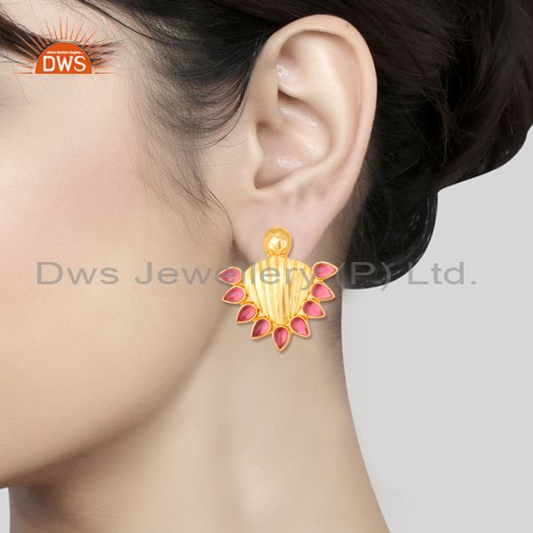 Wholesalers Handmade Gold Plated 925 Silver Pink Gemstone Stud Earring Supplier