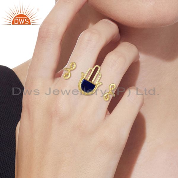Lapis Lazuli Hamsa Two Finger Gold Plated 925 Silver Ring