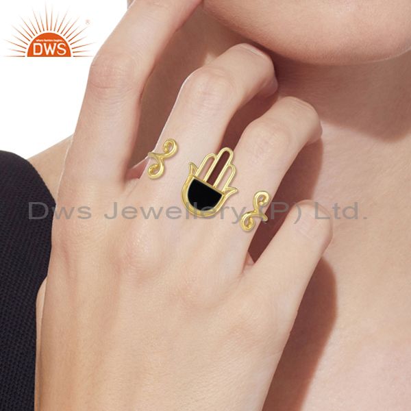 Gold On 925 Silver Black Onyx Coin Set Hamsa Design Ring