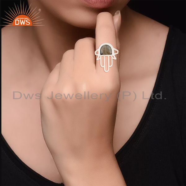 Designers 92.5 Sterling Silver Lucky Hamsa Hand Charm Labradorite Ring Manufacturer