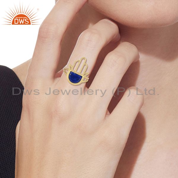 Yellow gold on silver 925 designer hamsa hand ring with lapis