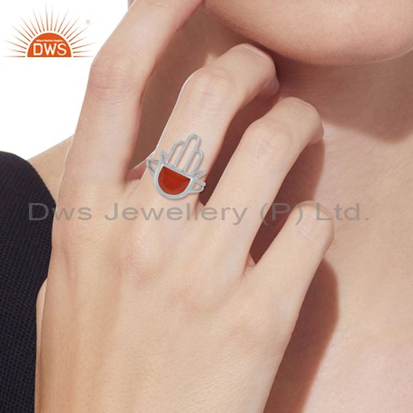 925 Silver Hamsa Hand Red Onyx Designer Ring