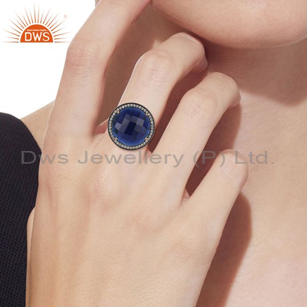 Textured bold gold on silver corundum blue cultured and cz ring