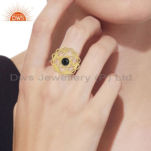 Black Onyx Set Gold On Silver Handmade Floral Statement Ring