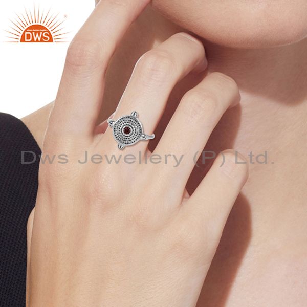 Garnet Set Round Adjustable Oxidized Silver Handmade Ring