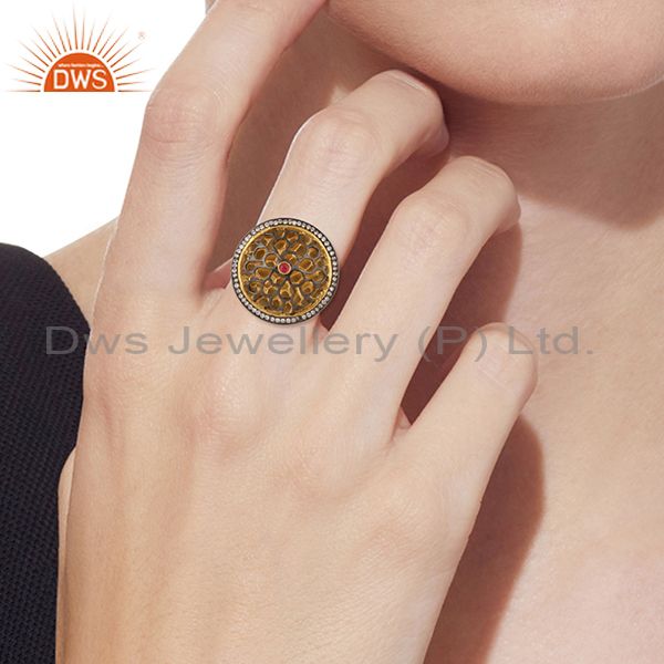 Cz And Red Imitation Stone Set Traditional Gold On Silver Ring