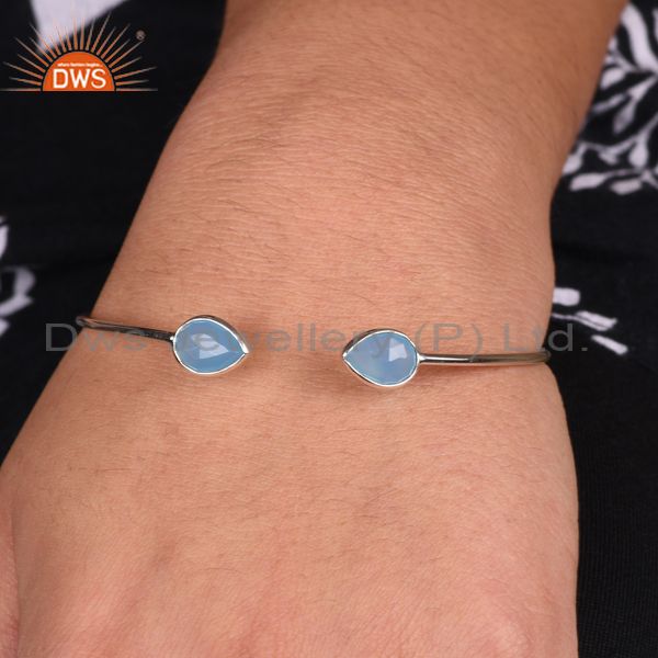 Exporter Handmade Solid 925 Sterling Silver Blue Chalcedony Open Stackable Bangle