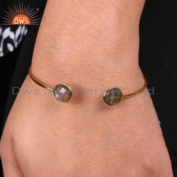 Exporter 925 Silver 18k Gold Plated Labradorite Gemstone Adjustable Cuff Bracelet Jewelry
