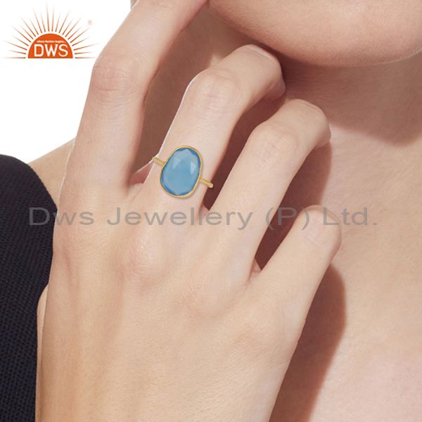 Blue Chalcedony Set Gold On 925 Silver Casual Statement Ring