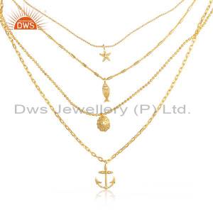 CZ Anchor And Star Charms Set Brass Gold Four Chain Necklace BRAJNK0183BRZW